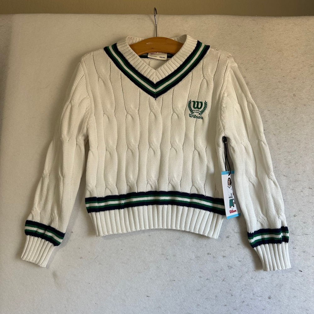 Wilson Girls Cable Knit V-Neck Tennis Sweater White Green Navy Size S 6/6X NWT